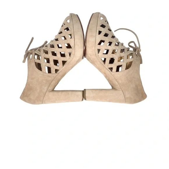 SEE by CHLOE caged lattice lace up open toe platform suede block heels - Picture 5 of 9